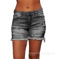 2021 Summer custom logo wholesale women denim shorts casual trendy cotton ripped hollow out gray short straight tassel jeans